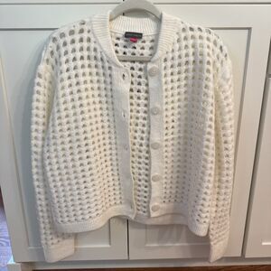 Women’s Vince Camuto Cardigan Size L Open-Knit Mesh Design Ivory Button Up